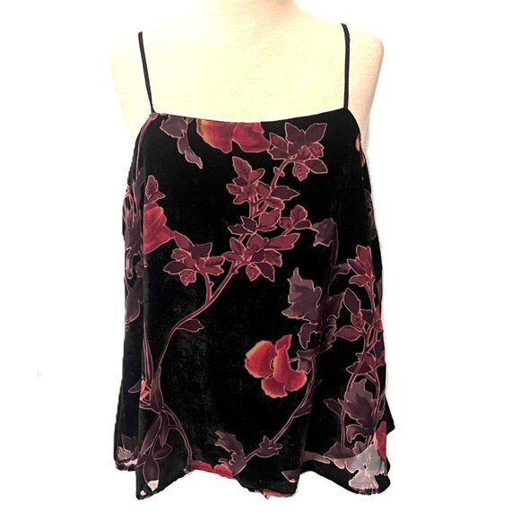 Crimson In Grace Floral Black Velveteen Burnout Top Large Shirt Spaghetti Strap - Picture 1 of 6